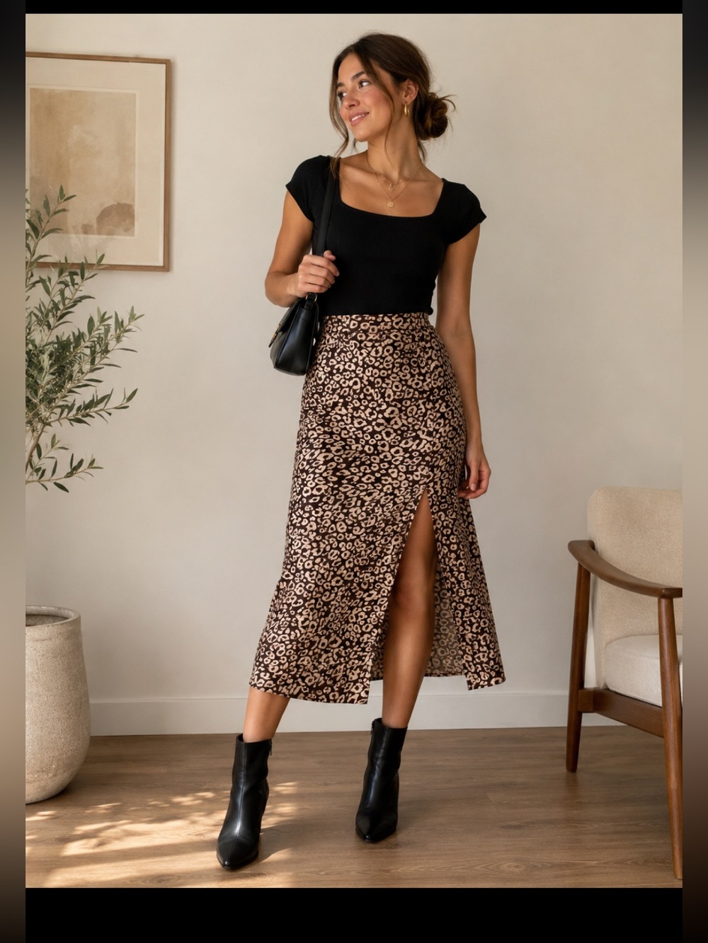 Brown Leopard Midi Skirt